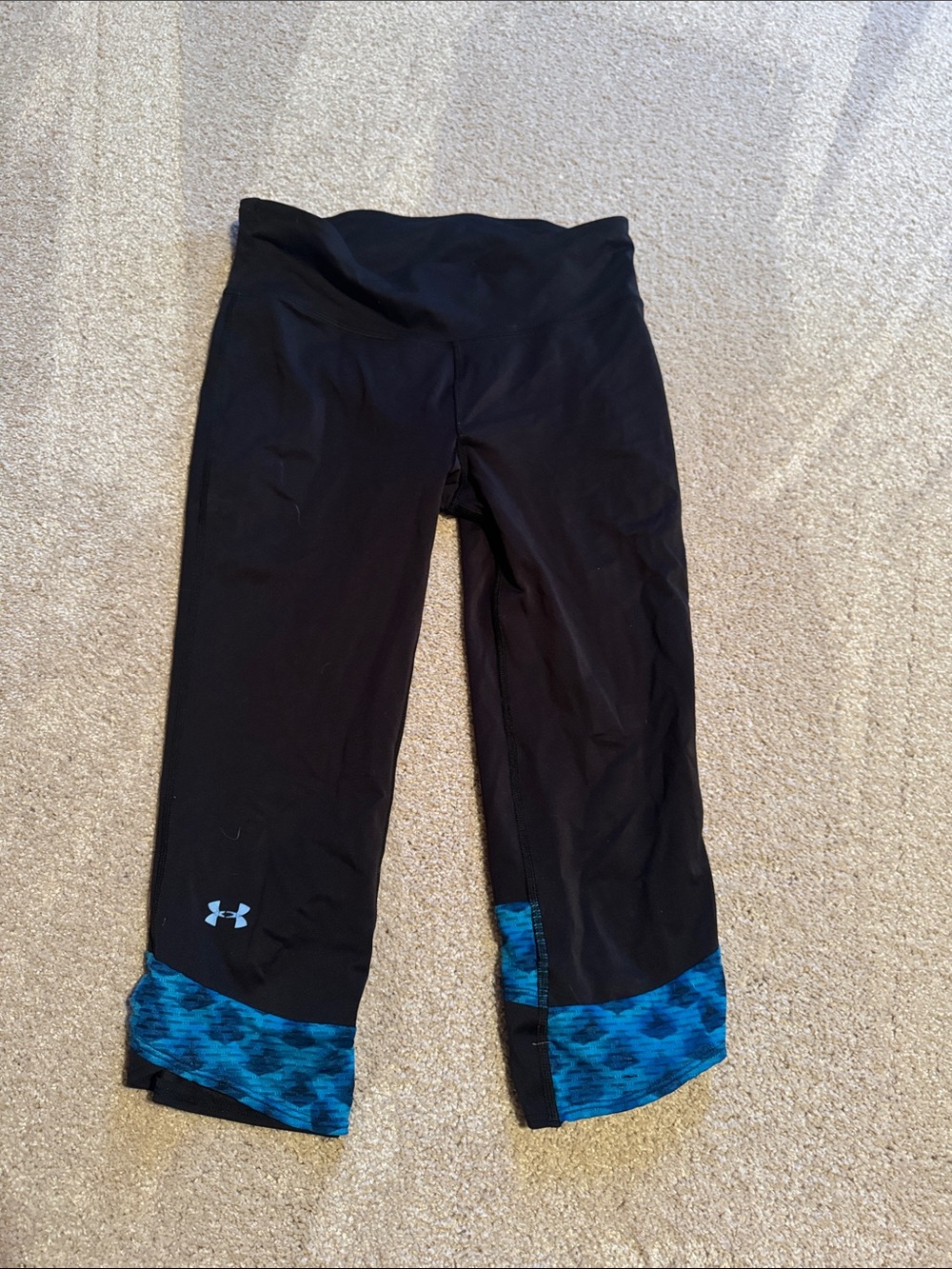 Under Armour Black Capri Leggings with Blue Hem Detail